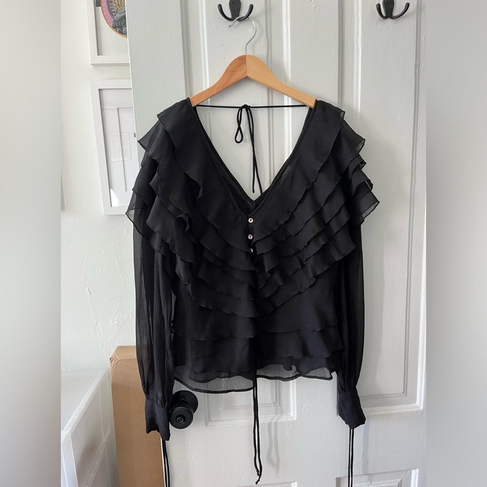 TOPSHOP Black Long-sleeve Ruffle Blouse